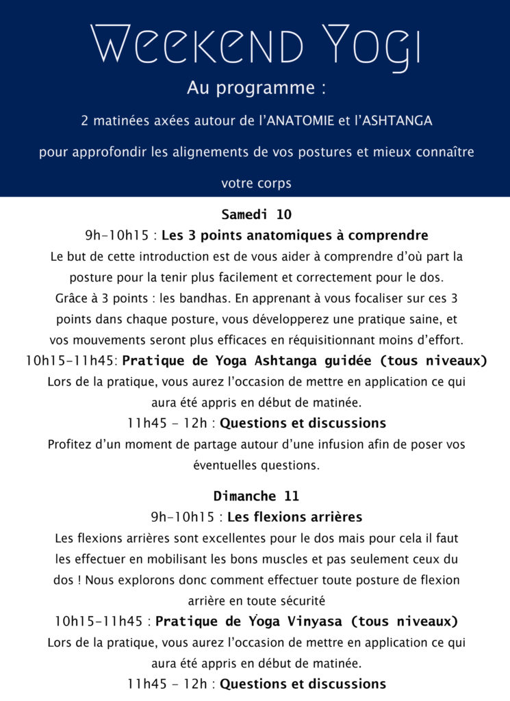 Venez à notre weekend yogi à Montfaucon-montigné pour 2 matinées complètes ! Au programme : du yoga dynamique tous niveaux et de l'anatomie pour pratiquer en toute sécurité.