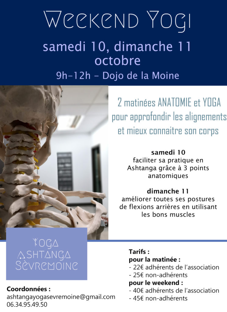 Venez à notre weekend yogi à Montfaucon-montigné pour 2 matinées complètes ! Au programme : du yoga dynamique tous niveaux et de l'anatomie pour pratiquer en toute sécurité.